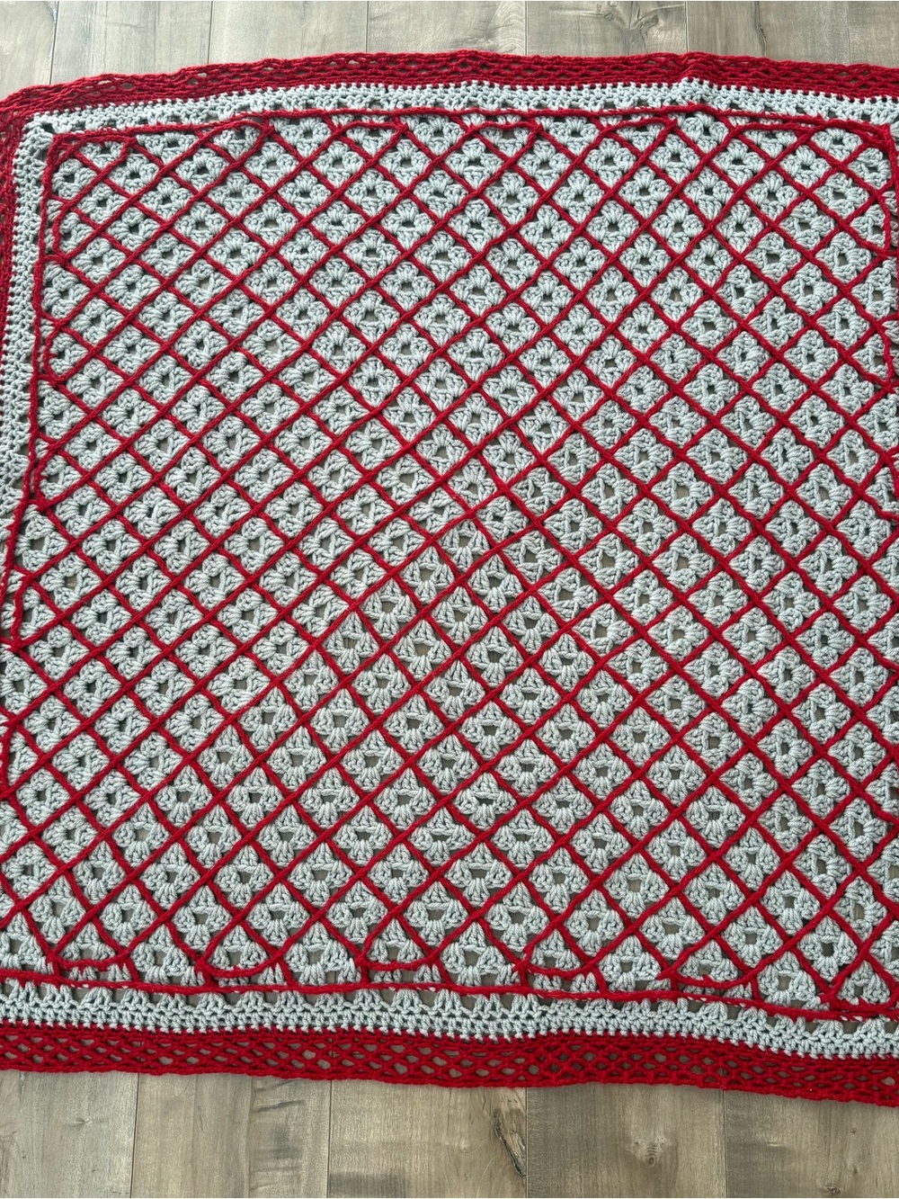 Crochet Blanket Handmade Gray Red Diamond OSU Granny Square Baby Afghan 3' x 3'